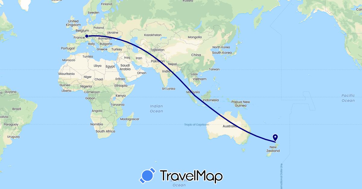 TravelMap itinerary: driving in Switzerland, New Zealand, Singapore (Asia, Europe, Oceania)